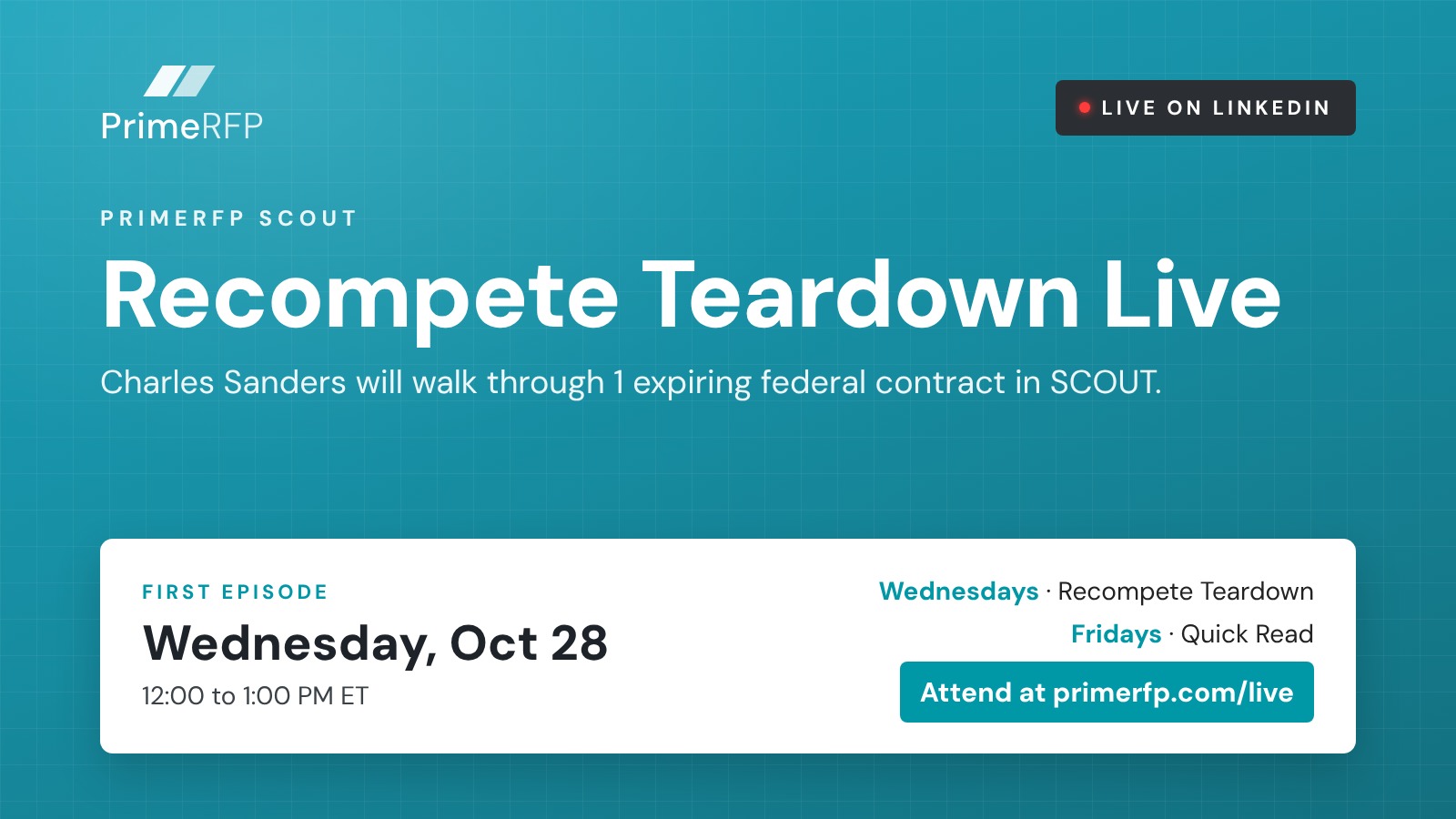 Join PrimeRFP Live for Weekly Reads of Expiring Federal Contracts